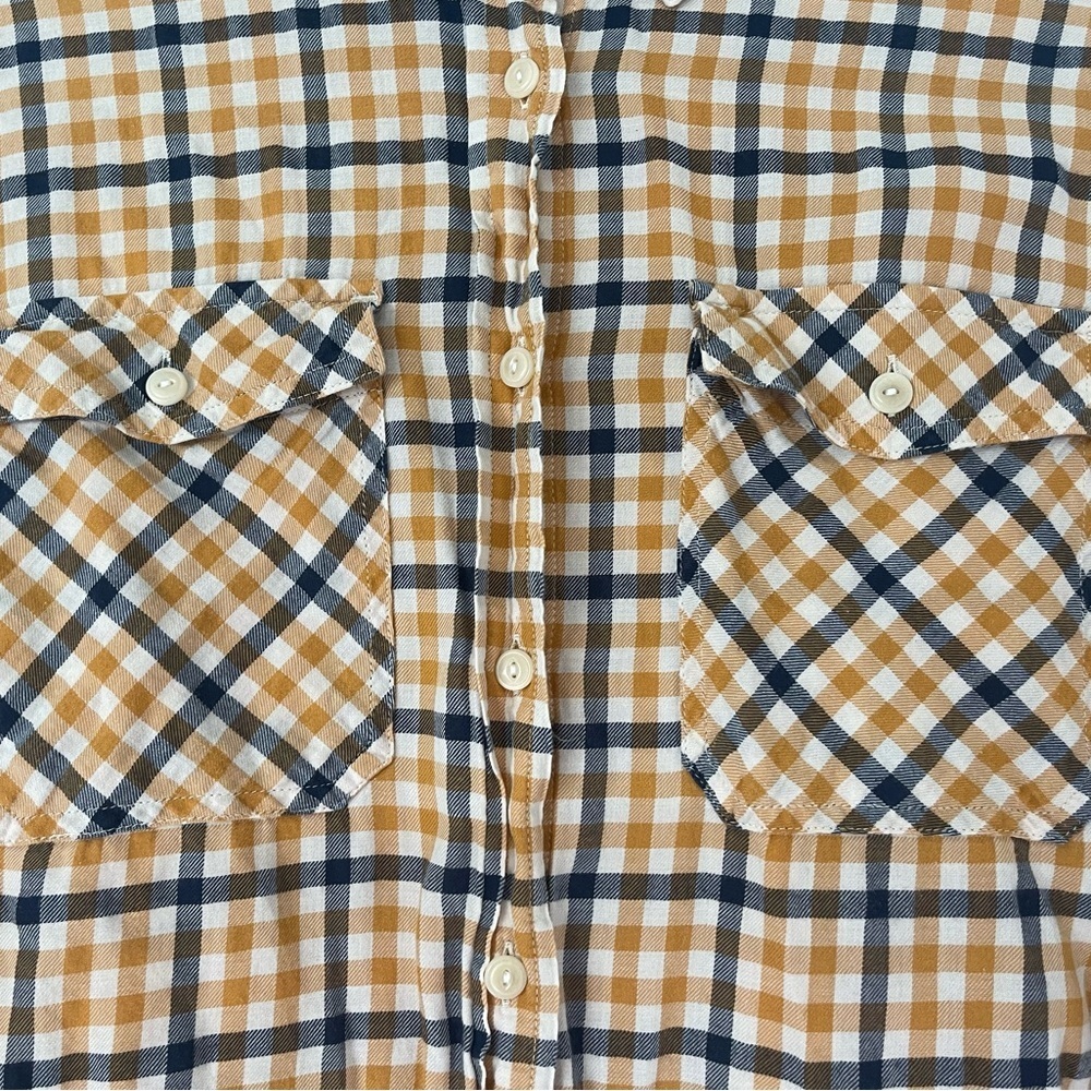 J. Crew Women’s Boyfriend Flannel Shirt Yellow Navy Plaid Pockets Button Up Top - Picture 4 of 7